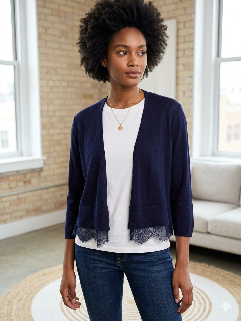 Tommy Hilfiger Navy Lace-Trim Open Front Cardigan Preppy Office Siren Y2K Chic S
